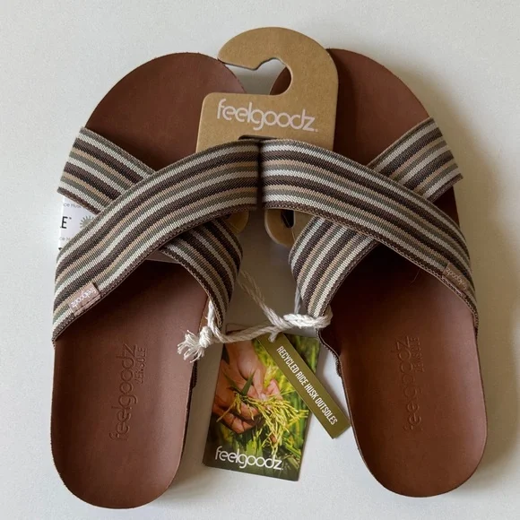 NEW Feelgoodz Brown Striped Sandals women’s Size 9 - Picture 1 of 6